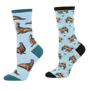 SockSmith 2 Pr Women's Graphic Cotton Crew Socks Elephant Seals & Sea Otters NWT